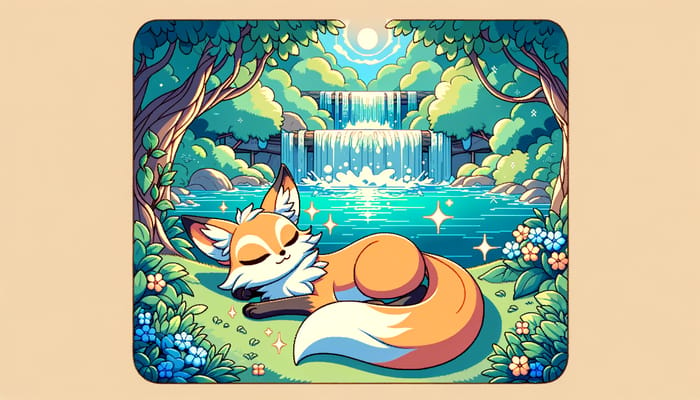 Charming Three-Tailed Fox Sleeping by Tranquil River