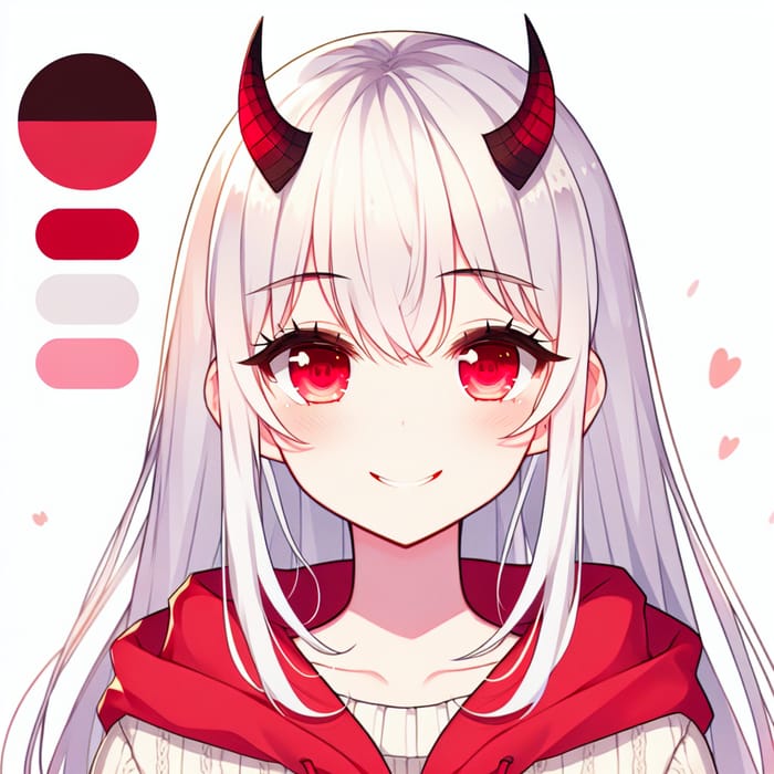 Adorable Anime Girl with Red Eyes, White Hair, Horns, Tail, and Fangs