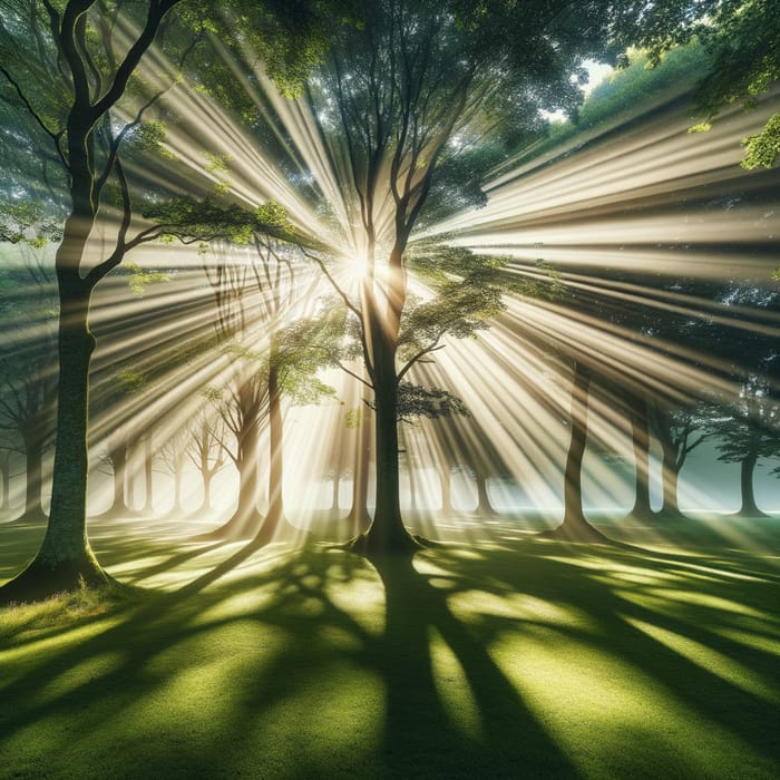 Enchanting Green Landscape with Sunbeams and Shadows Enchanting Green Landscape with Sunbeams and Shadows