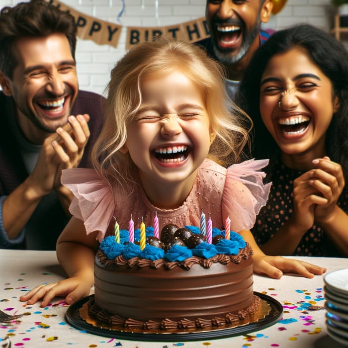 Caucasian Girl Falling into Chocolate Birthday Cake | Joyful Moment