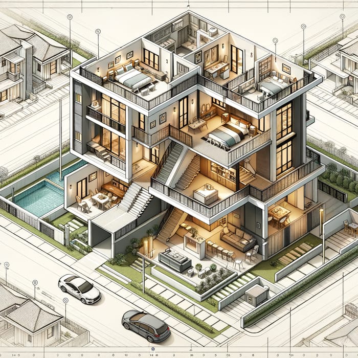 Detailed Two-Story Building Design for Independent Living Units with Garage