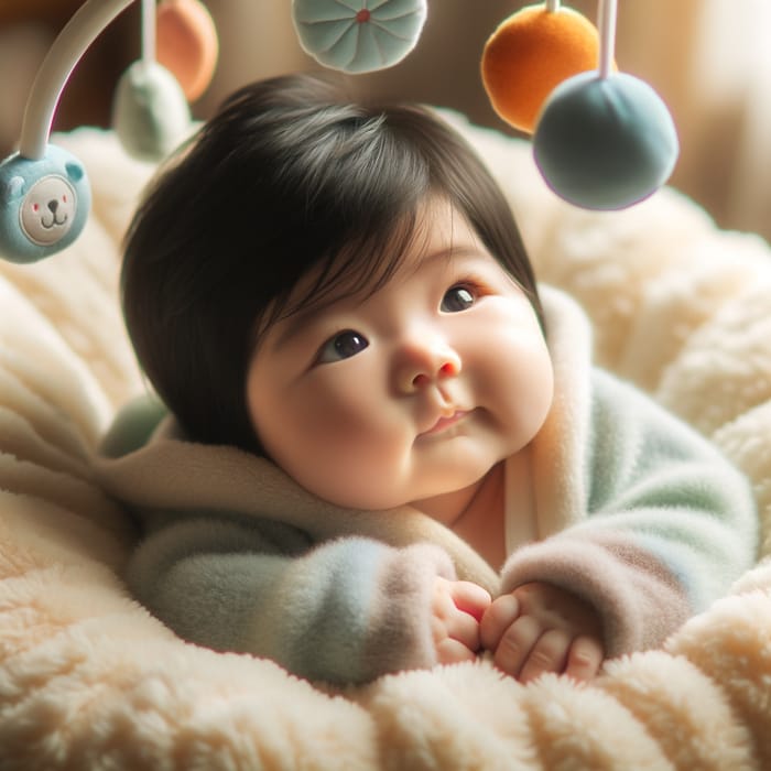 Adorable Asian Baby Admiring Colorful Mobile on Soft Blanket