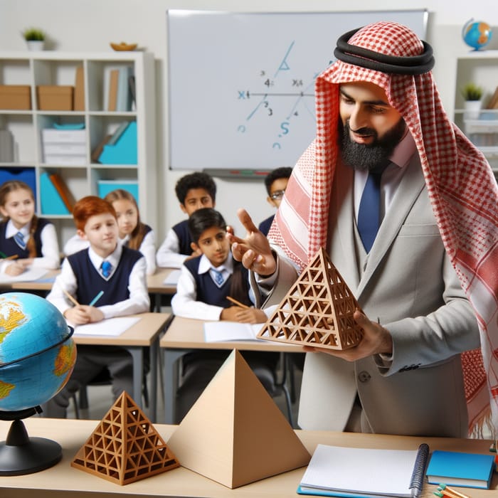 Middle-Eastern Male Teacher Demonstrating Volume of Pyramid and Cone