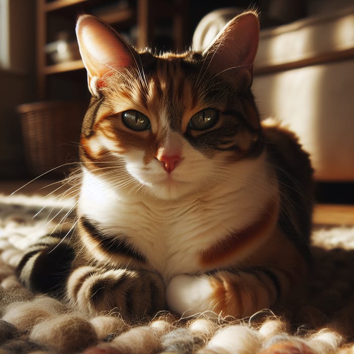 Majestic Orange, White, and Black Cat on Woolen Rug