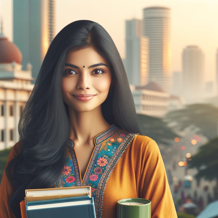 South Asian Woman with Academic Journals and Chai in Bustling City