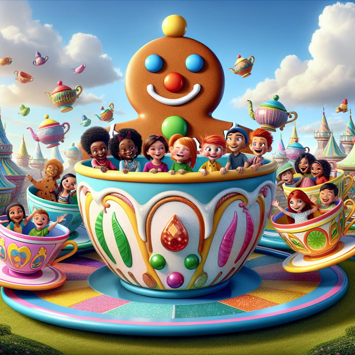 Kids Enjoying Teacup Rides with Giant Gingerbread