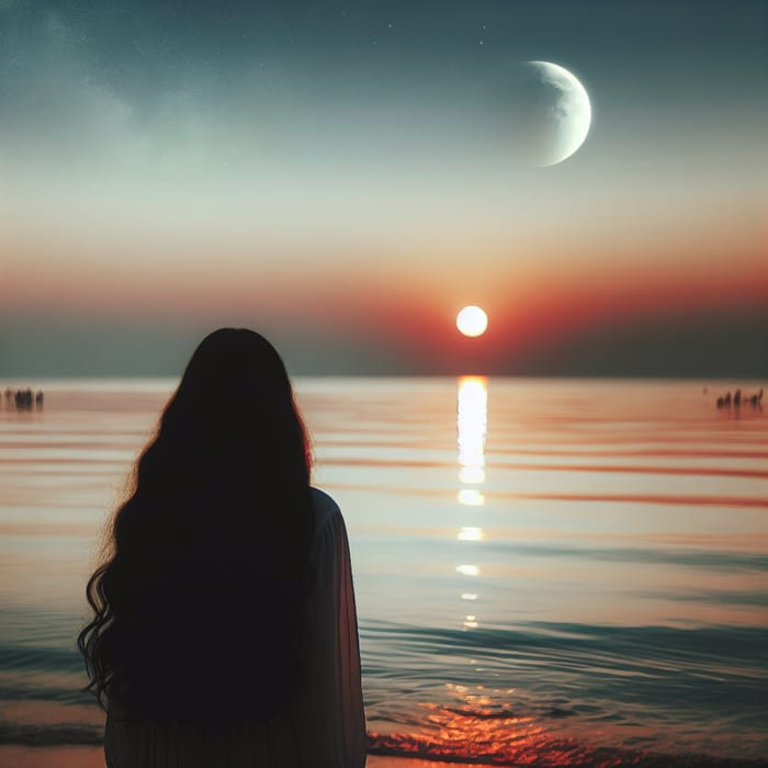 Tranquil Beach Sunset with Brunette Woman Walking by the Calm Waters