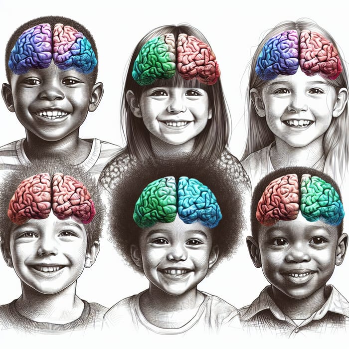 Radiant Sketches: Smiling Kids with Unique Brain Colors