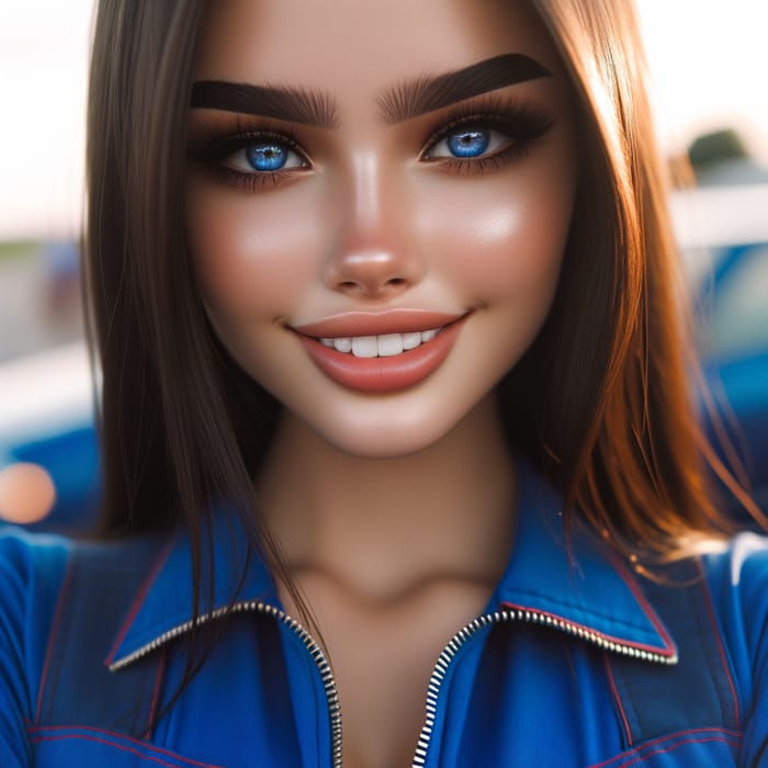 Expressive Slender Girl in Blue Jumpsuit with Deep Blue Eyes