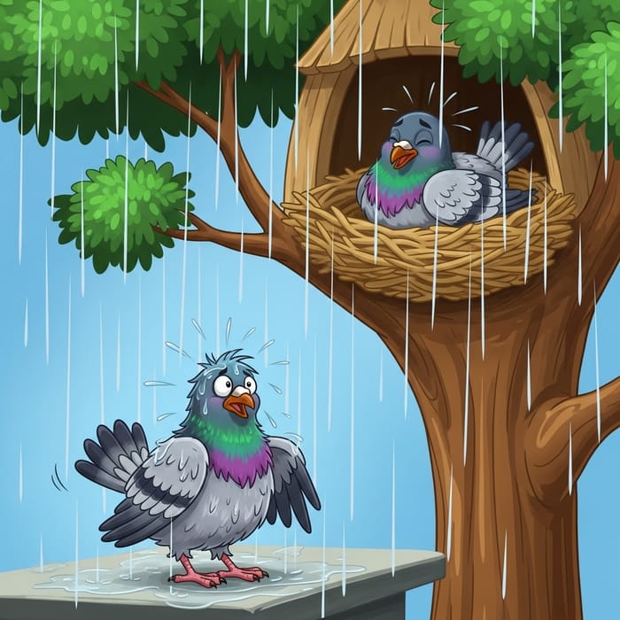 Cartoon of Pigeons in Rainy Weather Cartoon of Pigeons in Rainy Weather