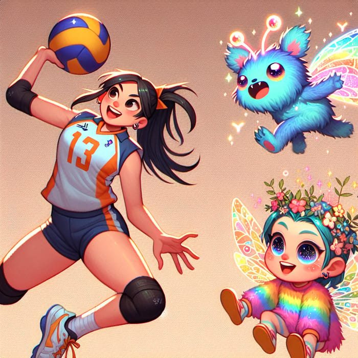 Simple Volleyball Player and Whimsical Creatures