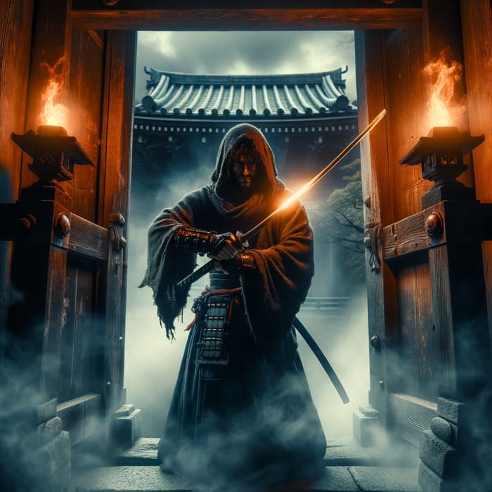 Sinister Samurai at Ancient Japanese Temple - Shrouded in Fog