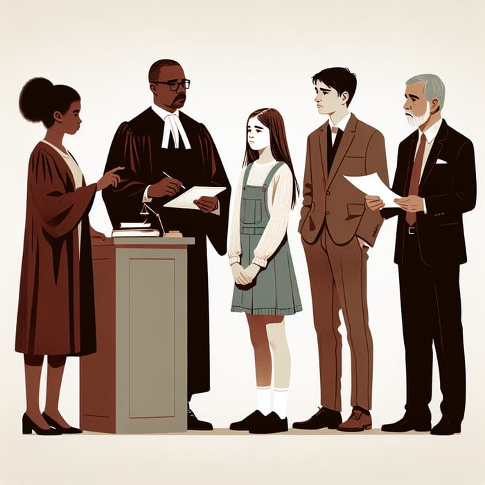 Youth Justice Scene: Minimalist Depiction of Judge, Defendant, Lawyers, Parents