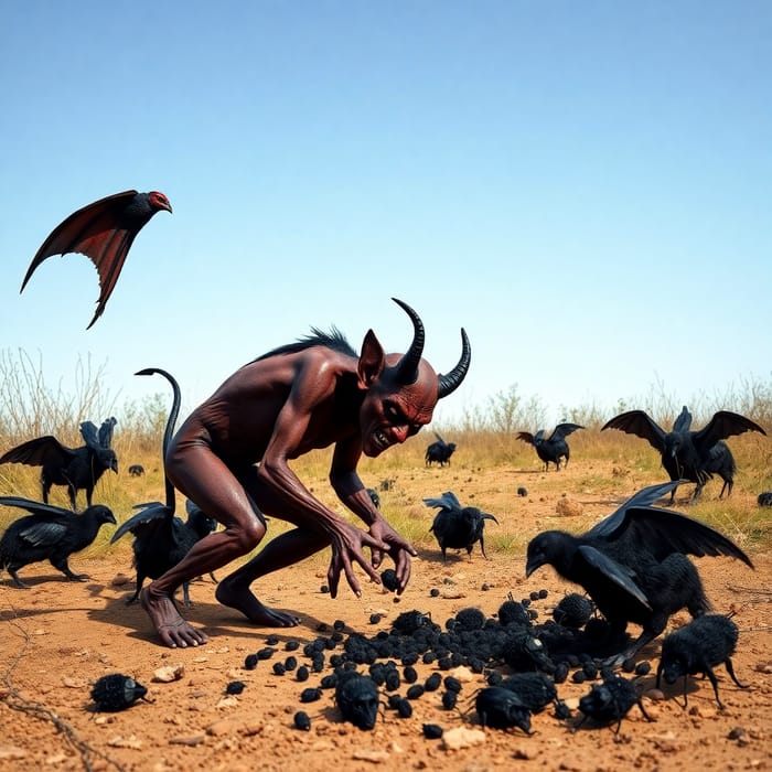 Devilish Scene: Ugly Devil and Buzzards Encounter