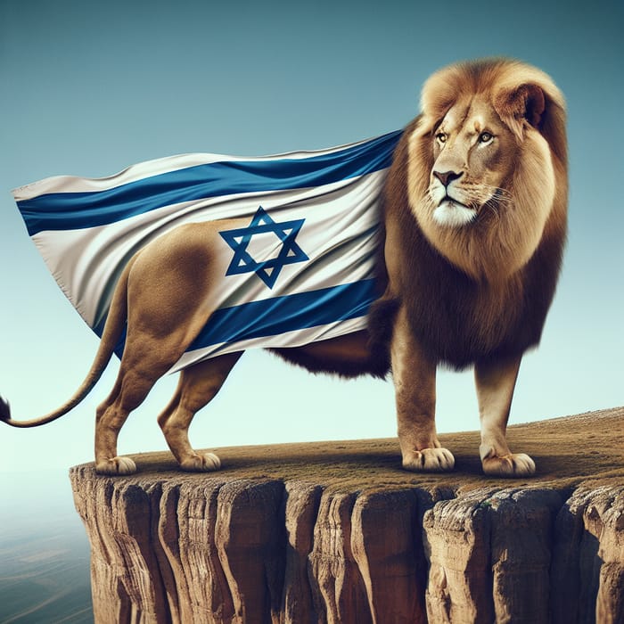 Majestic Lion on Cliff with Israel Flag