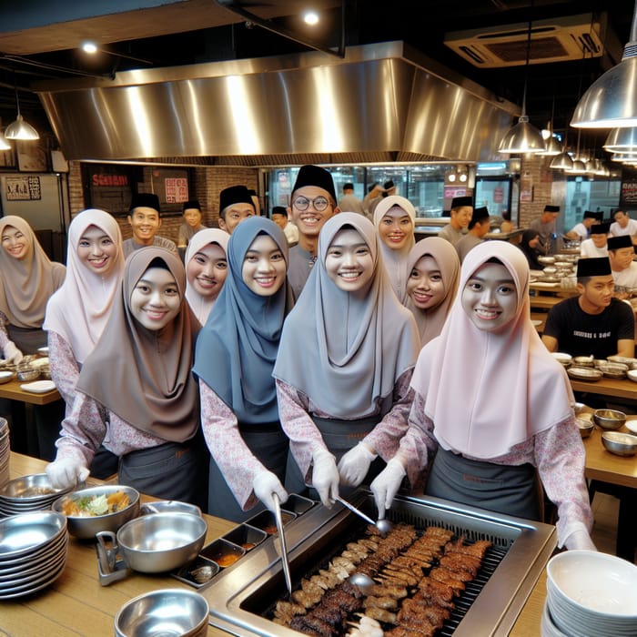 Malaysian Muslim Women in Tudung Enjoying Korean BBQ at Work