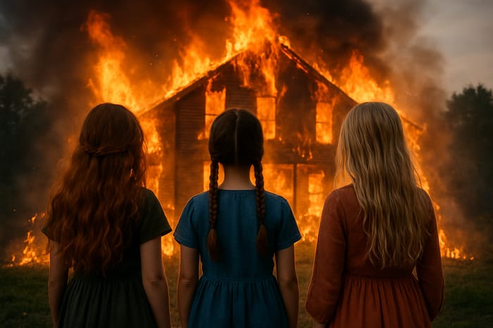 Three Girls Watching a House on Fire