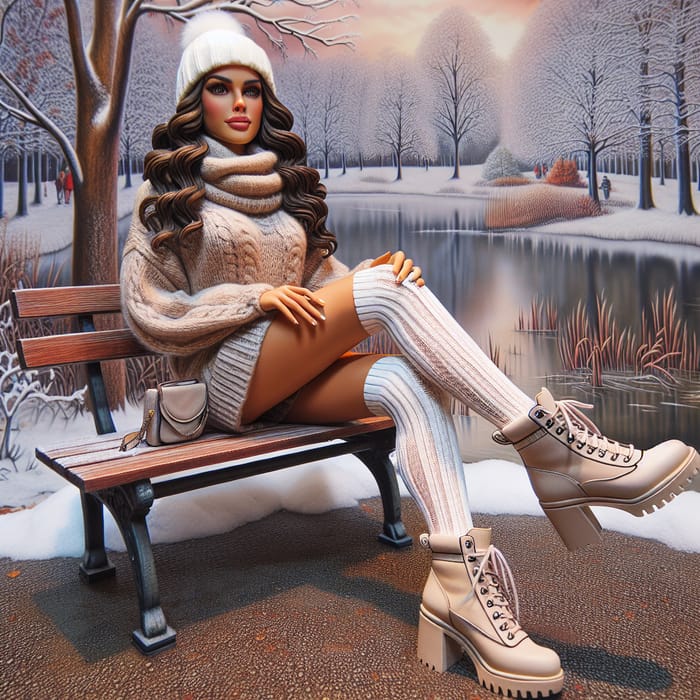 Chic Girl on Bench in Winter Park Scene