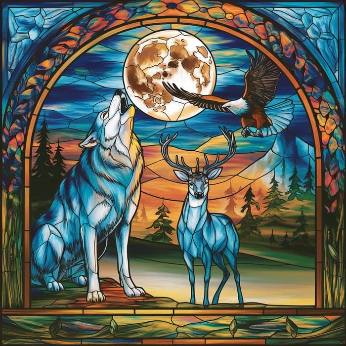 Majestic Stained Glass Wolf and Nature Art