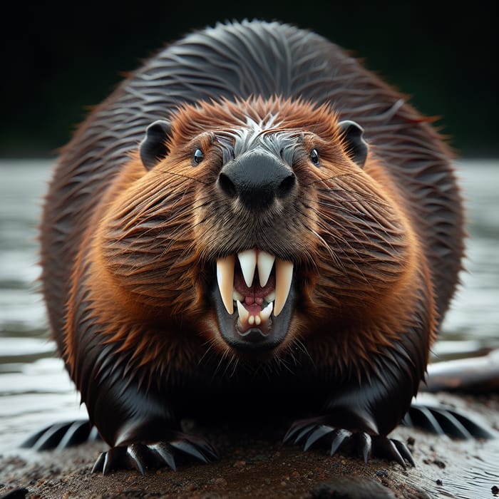 Intimidating Beaver with Buck Teeth - Riverbank Encounter