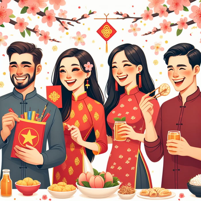 Diverse Tet Festival Celebration: Friends Enjoying Vietnamese New Year