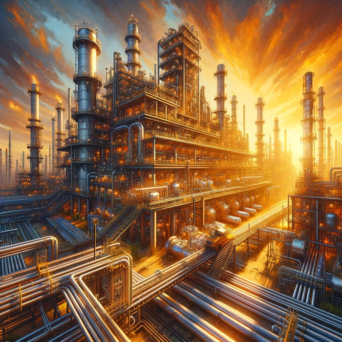 Vibrant Industrial Factory at Sunset | Impressionistic Art