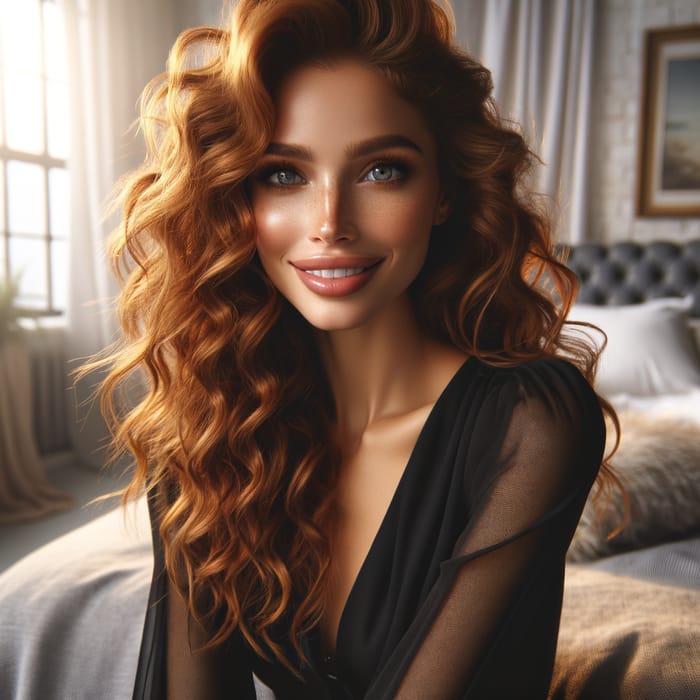 Radiant Redhead Beauty on Bed: Long Curly Hair & Captivating Smile