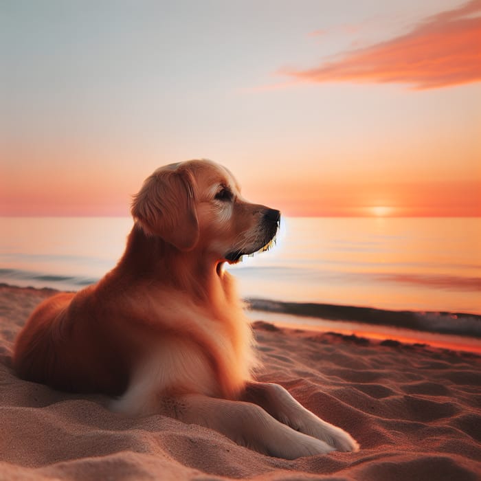 Serene Golden Retriever Watching Sunset by the Sea