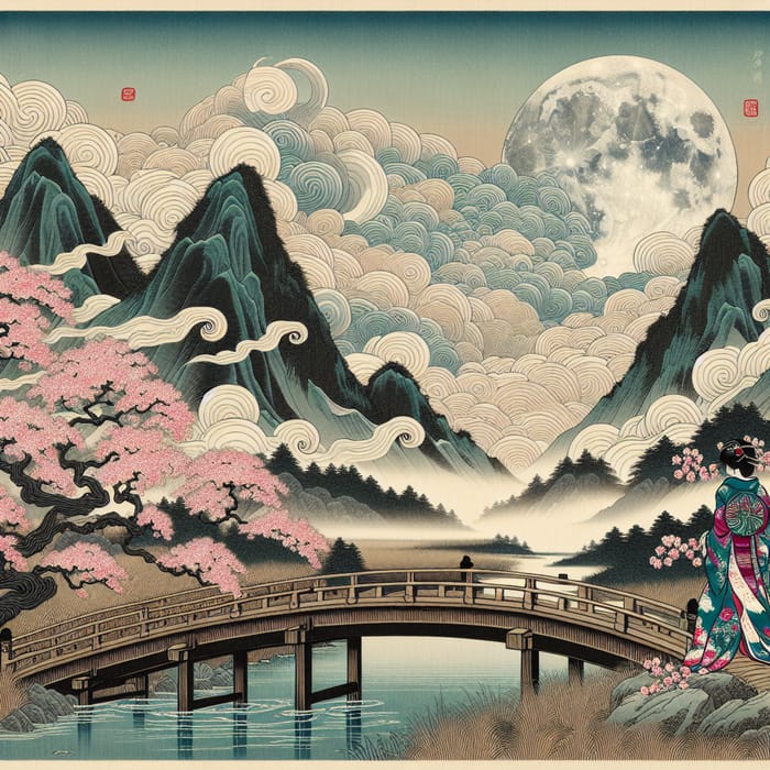 Japanese Ukiyo-e: Moonlit Landscape with Cherry Blossom Trees