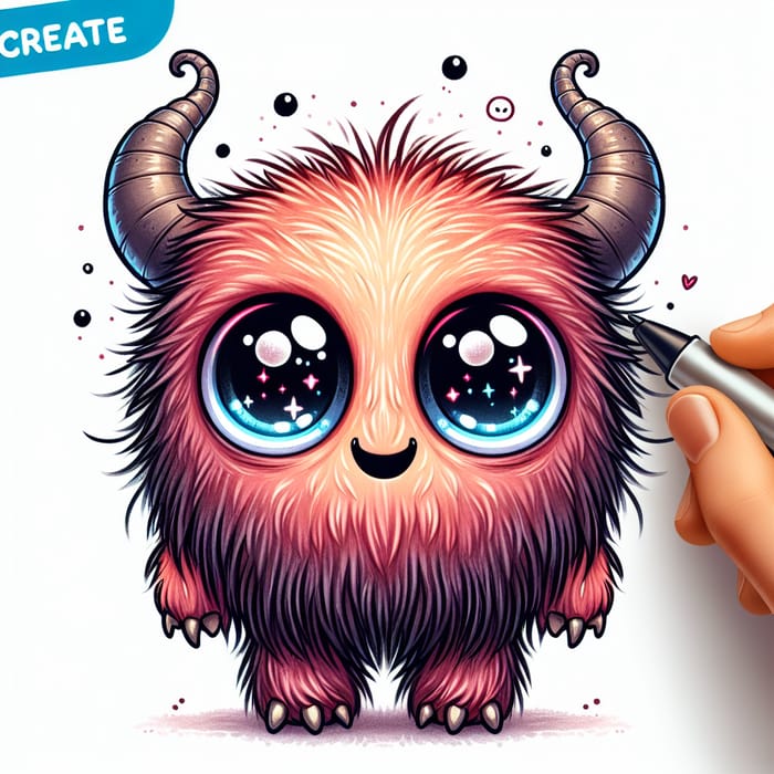 Cute Small Monster with Sparkling Eyes and Fluffy Hair