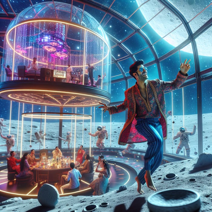 Man Partying on Moon in Futuristic Galactic Club