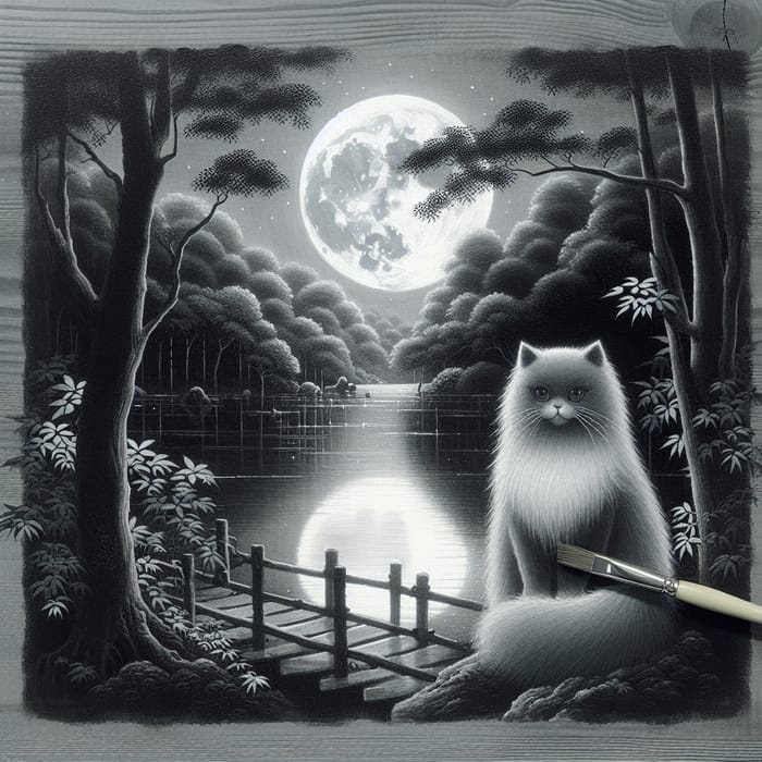 Ghostly Cat by Tranquil Moonlit River | Japanese Art Inspired