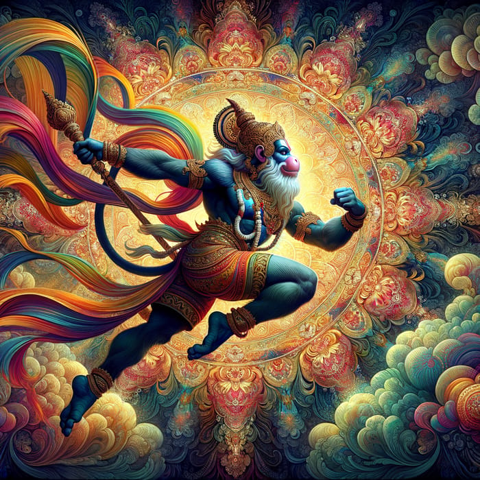 Majestic Hanuman Ji Soaring Through Skies | Traditional Hindu Art