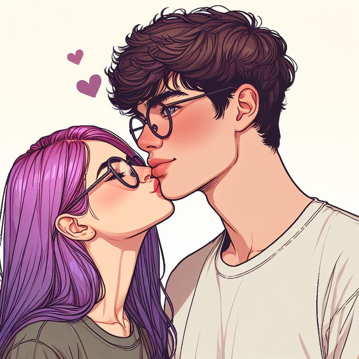 Caucasian Woman with Purple Hair Kissing Tall Hispanic Teenage Boy