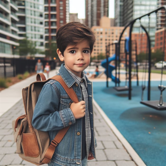 Young Hispanic Migrant Boy Exploring Urban Landscape in the United States