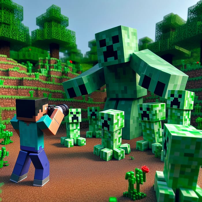 Minecraft Creepers Gathering Scene - Golem Watches, Steve Captures