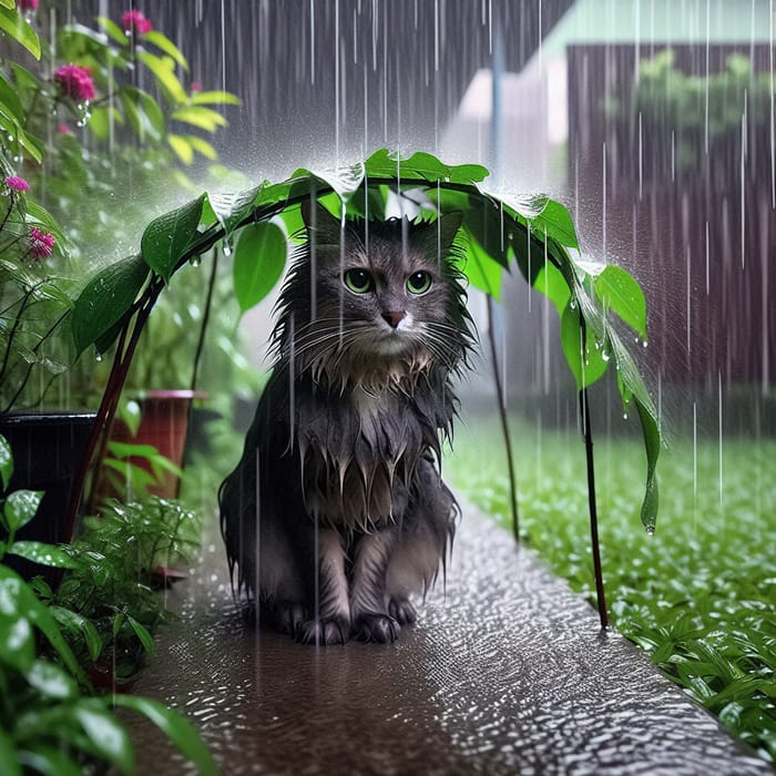 Cat Sheltering Under Leaves During Rainy Day