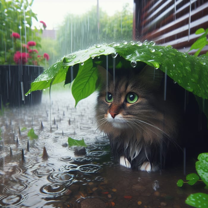 Feline Refuge: Cat Under Leafy Canopy in Rain