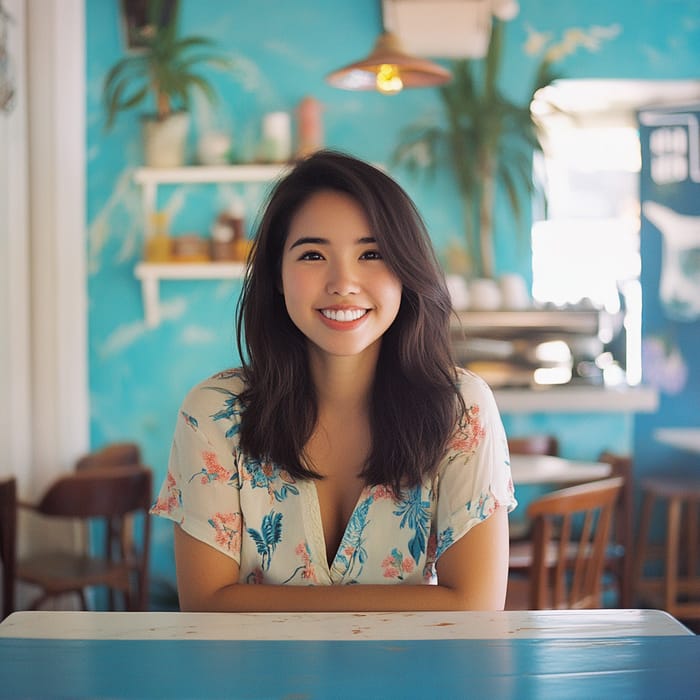 Vibrant Cafe Moments: Smiling Asian American Woman