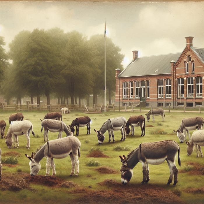 Donkeys Near Old School Building - Charming Country Scene