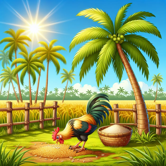 Chicken Eating Rice Under Coconut Tree - Serene Countryside Scene