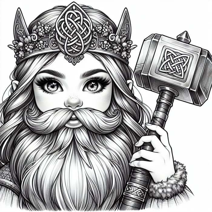 Bearded Gnome Girl with Diadem and Hammer - Symbol of Power