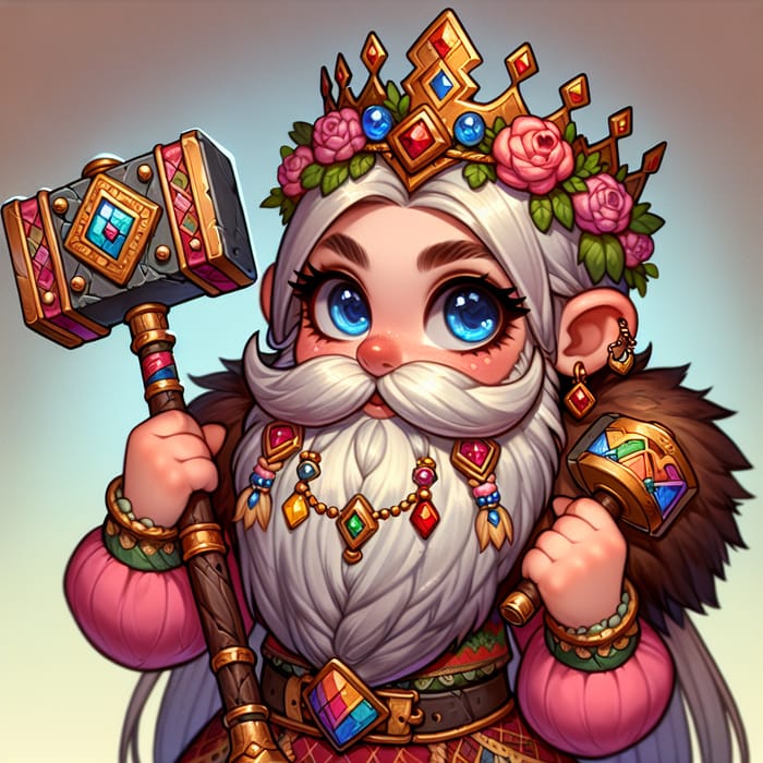 Bearded Gnome Girl with Diadem and Colorful Hammer