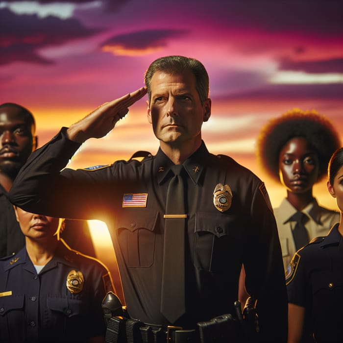 Diverse Police Officers Saluting at Sunset | Law Enforcement Unity