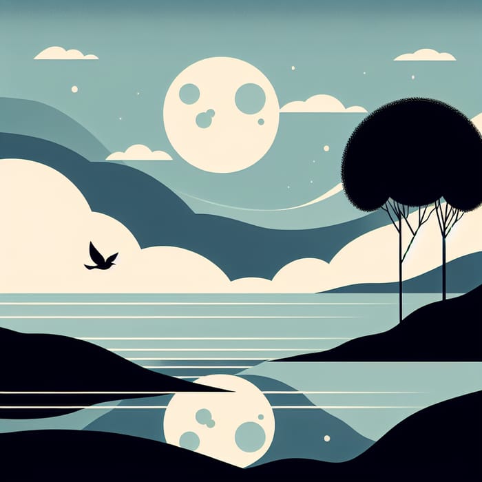 Dream in Minimalistic Style: Serene Moon, Lonely Tree, Bird Silhouette