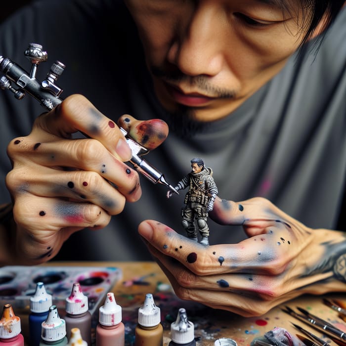 Airbrush Artist Painting Miniature Figurine - Intricate Detail