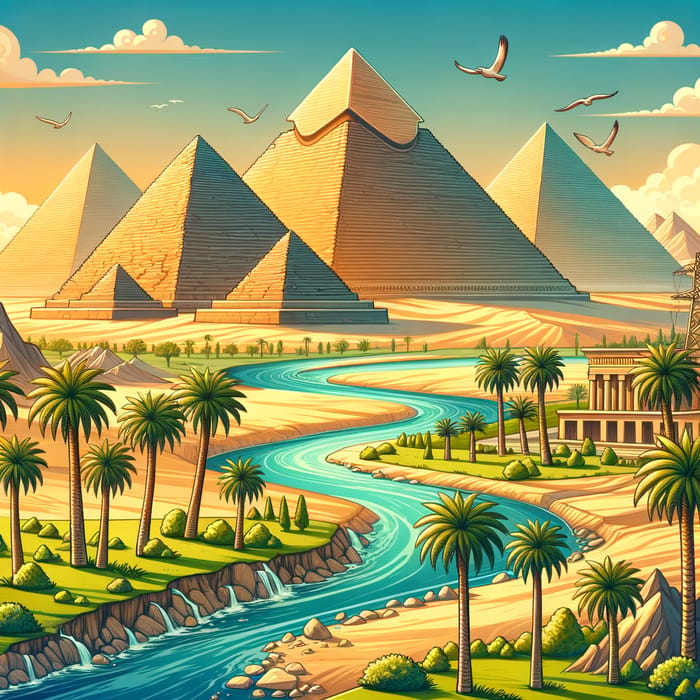 Egyptian Pyramids and Palm Trees Surrounded by Rivers