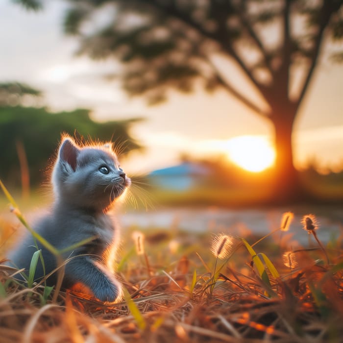 Adorable Blue Cat Playing on Grass at Sunset