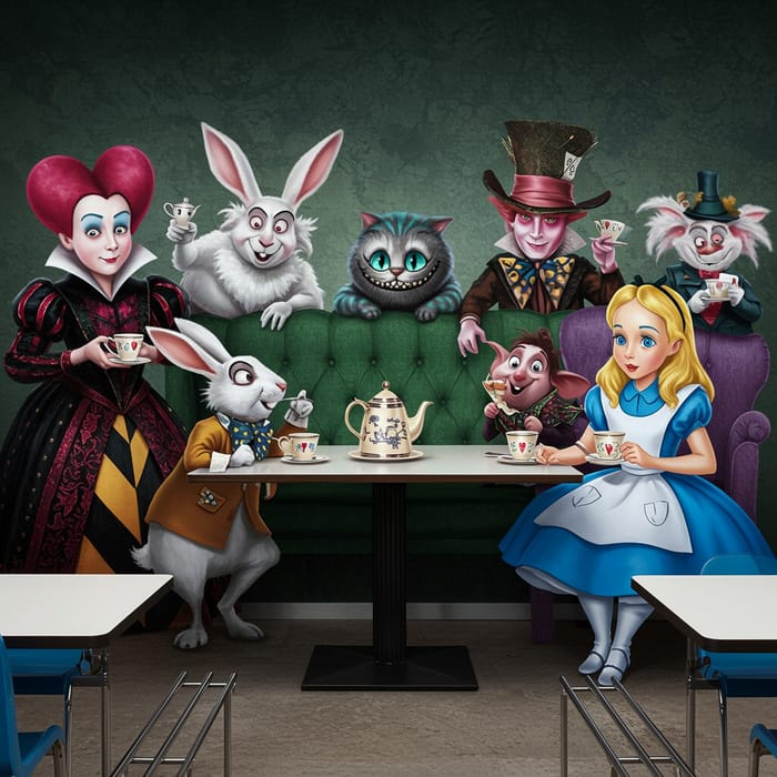 Wonderland Cafe Wall Mural Featuring Iconic Characters Wonderland Cafe Wall Mural Featuring Iconic Characters