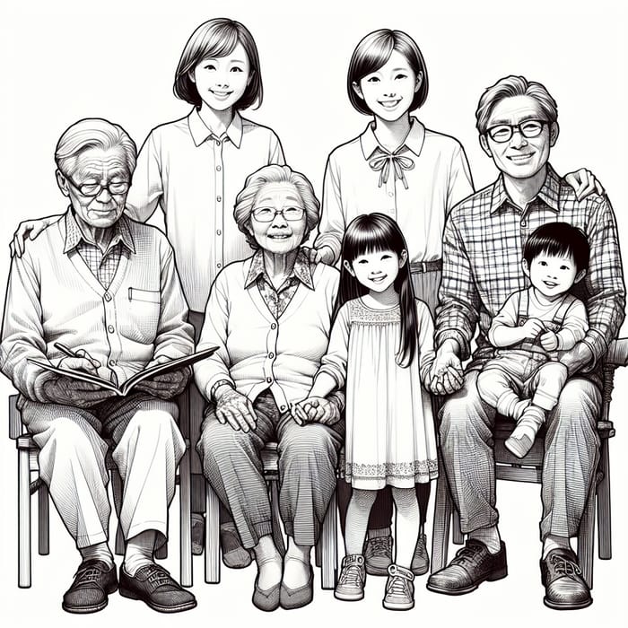 East Asian Family Line Sketch - Warm Moments